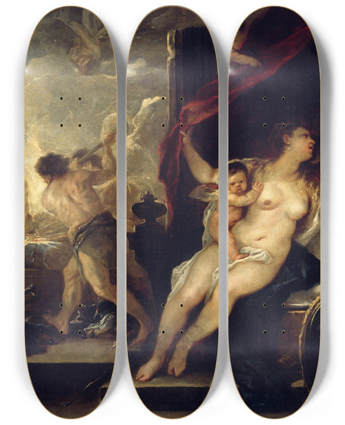 Triptych art skateboard deck of Luca Giordano Venus Mars And The Forge Of Vulcan by Luca Giordano (1634-1705)