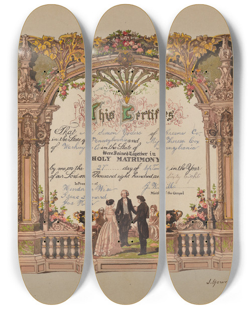 Triptych art skateboard deck of J Howard Iams Marriage Certificate by J Howard Iams (20-)