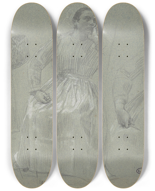 Triptych art skateboard deck of Lon Augustin Lhermitte Study Of Two Womenone Seated And One Holding A Basket by Lon Augustin Lhermitte (1844-1925)