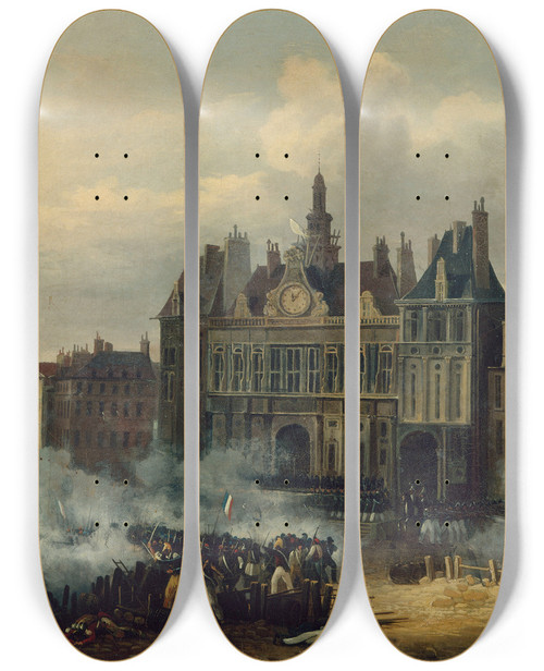 Triptych art skateboard deck of Hippolyte Lecomte Assaut De Lhtel De Ville Le 28 Juillet 1830 by Hippolyte Lecomte (1781-1857)