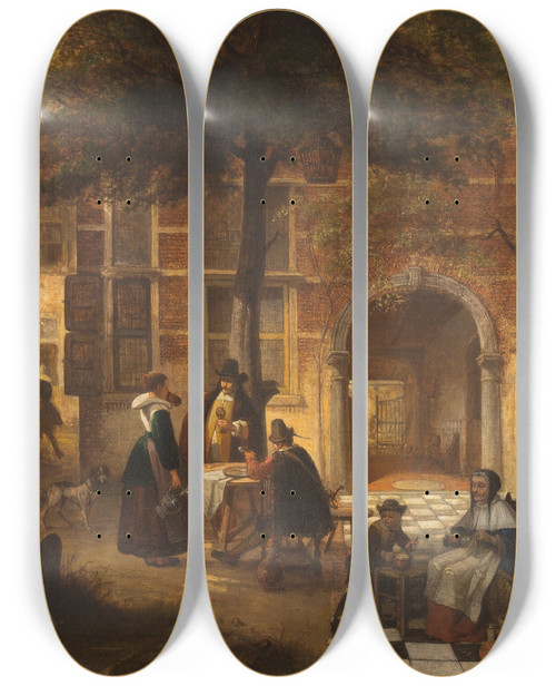 Triptych art skateboard deck of Jan August Hendrik Leys Antwerp Society In Summer Courtyard by Jan August Hendrik Leys (1815-1869)