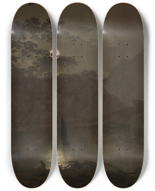 Triptych art skateboard deck of Joseph Wright Of Derby A Lake By Moonlight by Joseph Wright Of Derby (1734-1797)