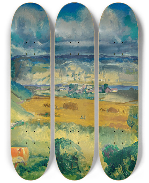 Triptych art skateboard deck of George Wesley Bellows Clouds And Meadow by George Wesley Bellows (1882-1925)