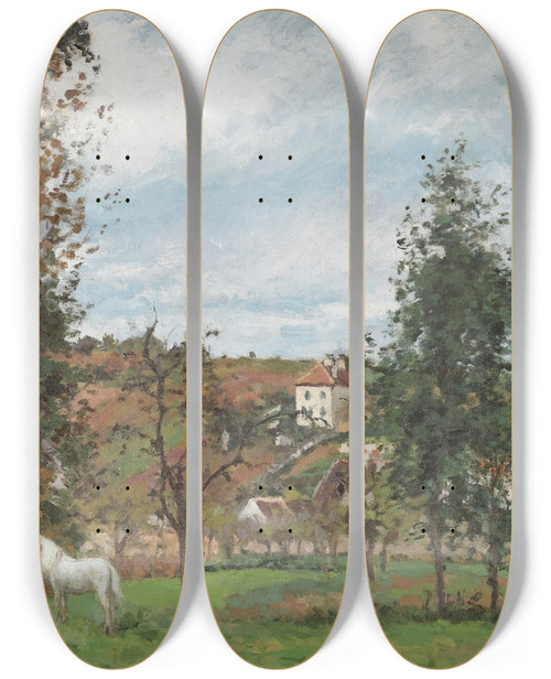 Triptych art skateboard deck of Camille Pissarro Paysage Avec Cheval Blanc Dans Un Pr Lhermitage Pontoise_2 by Camille Pissarro (1830-1903)