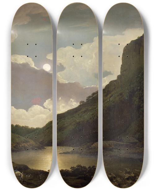 Triptych art skateboard deck of Joseph Wright Of Derby Matlock Tor By Moonlight_1 by Joseph Wright Of Derby (1734-1797)