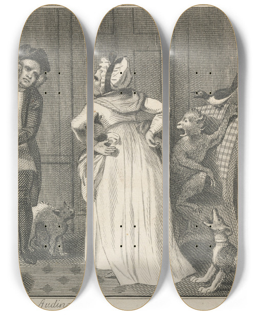 Triptych art skateboard deck of John Wootton Fable Xxv The Scold And The Parrot by John Wootton (1686-1765)
