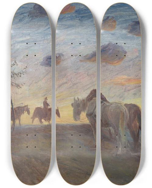 Triptych art skateboard deck of Theodor Philipsen Evening Landscape by Theodor Philipsen (1840-1920)