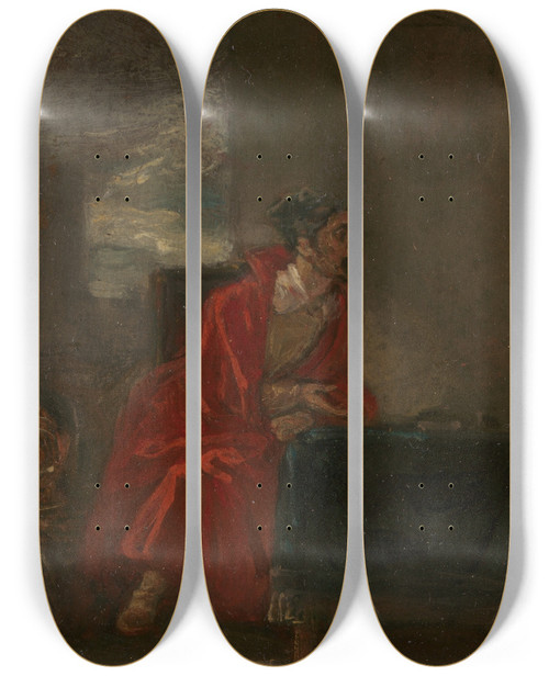 Triptych art skateboard deck of Robert Smirke Illustration For Don Quixote Two Figures At A Table by Robert Smirke (1752-1845)