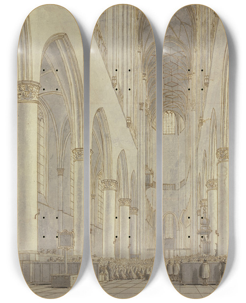Triptych art skateboard deck of Hendrick Cornelisz Van Vliet Blick In Die Stbavokirche In Haarlem by Hendrick Cornelisz. van Vliet (1611-1675)