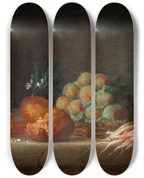 Triptych art skateboard deck of Anne Vallayercoster Still Life With Brioche Fruit And Vegetables by Anne Vallayer-Coster (1744-1818)
