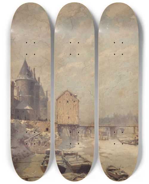 Triptych art skateboard deck of Fdor Hoffbauer La Tour De Lhorloge La Conciergerie Et Le Pont Au Change En 1621 by Fedor Hoffbauer (1839-1922)