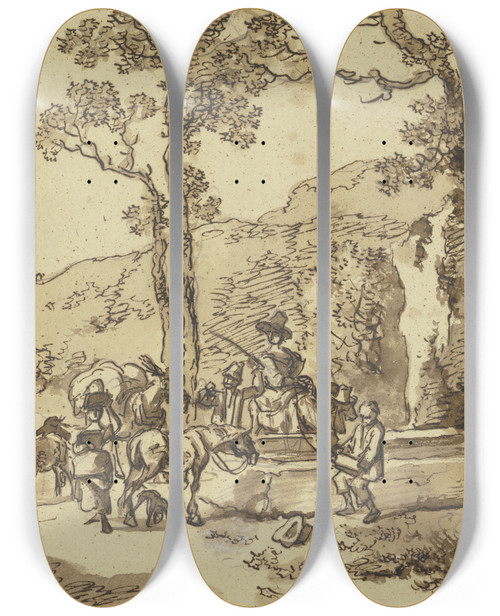 Triptych art skateboard deck of Johann Christian Klengel Hirtenszene An Einem Brunnen Schafe Und Maulesel Nhern Sich Der Trnke An Der Eine Reiterin Ihr Pferd Trnkt by Johann Christian Klengel (1751-1824)