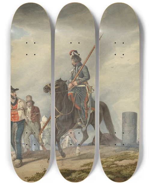 Triptych art skateboard deck of Peter Von Hess Three Armed Riders Escorting Prisoners Near Reims by Peter Von Hess (1792-1871)
