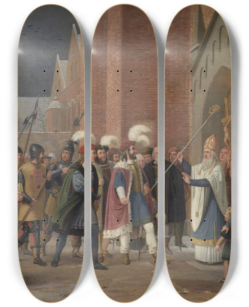 Triptych art skateboard deck of Wilhelm Marstrand Svend Estridsen And Bishop Vilhelm by Wilhelm Marstrand (1810-1873)