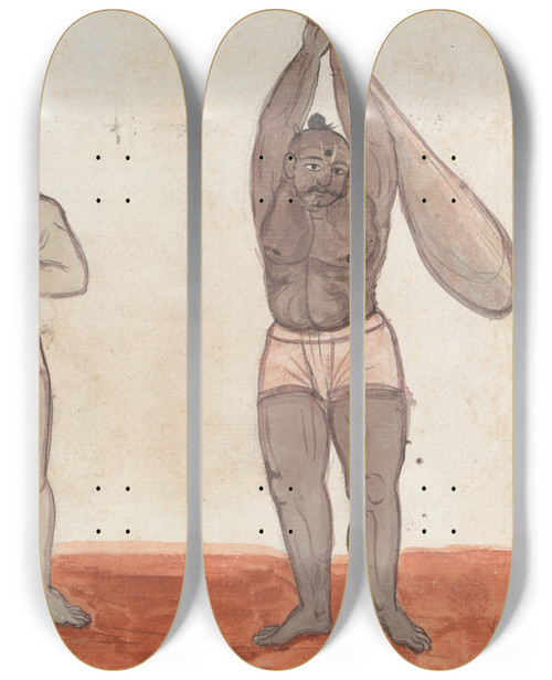 Triptych art skateboard deck of Gangaram Chintaman Tambat Two Jeyties Weightlifting by Gangaram Chintaman Tambat