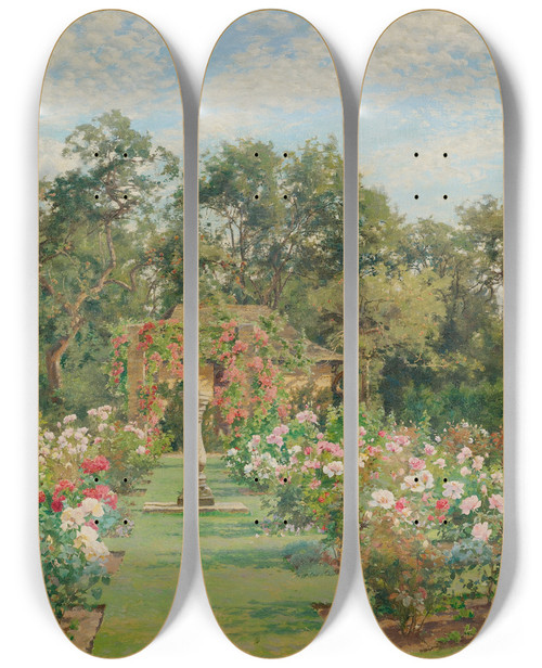 Triptych art skateboard deck of Alfred Parsons A Sundial In A Rose Garden by Alfred Parsons (1847-1920)