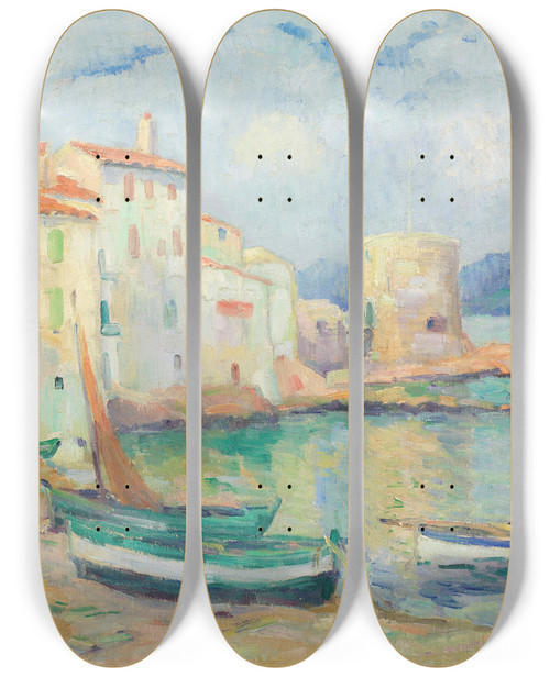 Triptych art skateboard deck of Robert Antoine Pinchon Vieux Port De Sainttropez by Robert Antoine Pinchon (1886-1943)