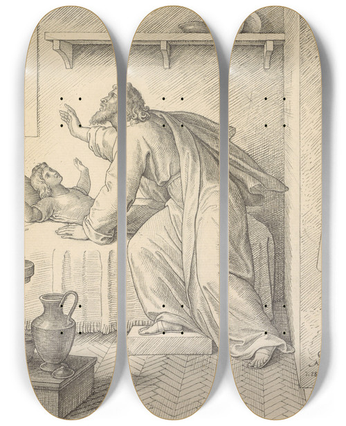 Triptych art skateboard deck of Julius Schnorr Von Carolsfeld Elijah Revives The Son Of The Widow Of Zarephath by Julius Schnorr Von Carolsfeld (1794-1872)