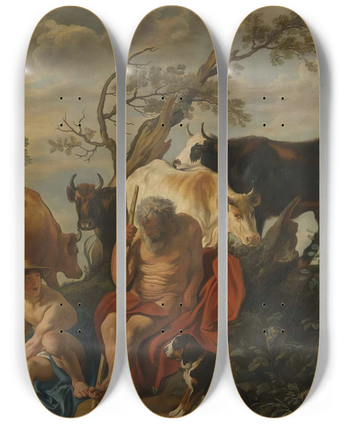 Triptych art skateboard deck of Jacob Jordaens Mercury And Argus by Jacob Jordaens (1593-1678)