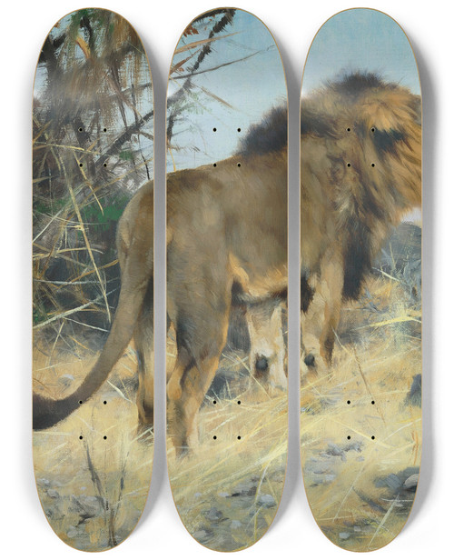 Triptych art skateboard deck of Wilhelm Kuhnert Roaring Lion by Wilhelm Kuhnert (1865-1926)