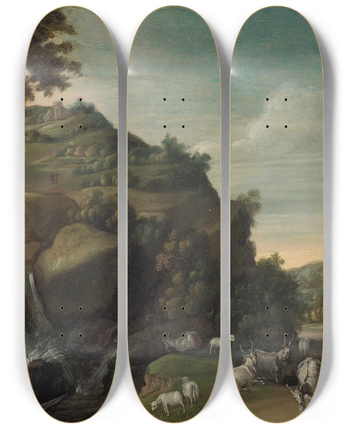 Triptych art skateboard deck of Jacob Symonsz Pynas A Hilly Landscape With A Waterfall And A Goatherd by Jacob Symonsz Pynas (1592-1650)