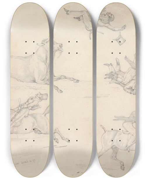 Triptych art skateboard deck of Henry Thomas Alken Symptoms Of Up With A Down Prospect Of Down With An Up Prospect Of Learning To Trot Of A Hard Mouth by Henry Thomas Alken (1785-1851)
