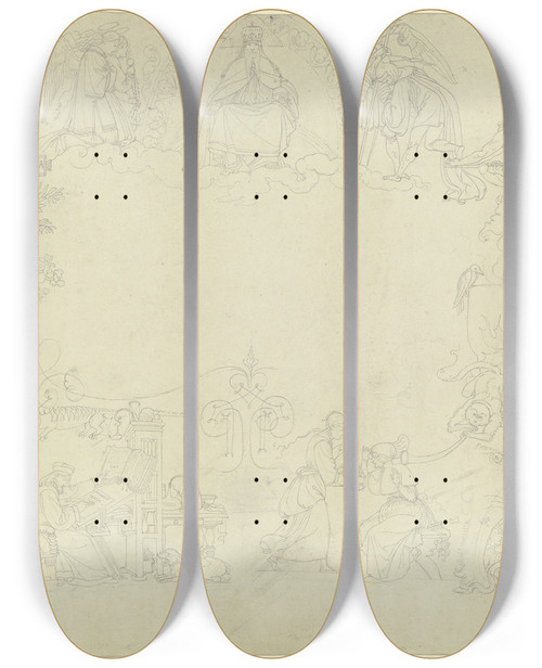 Triptych art skateboard deck of Peter Von Cornelius Goethes Faust Titelblatt In Arabesken_1 by Peter Von Cornelius (1784-1867)