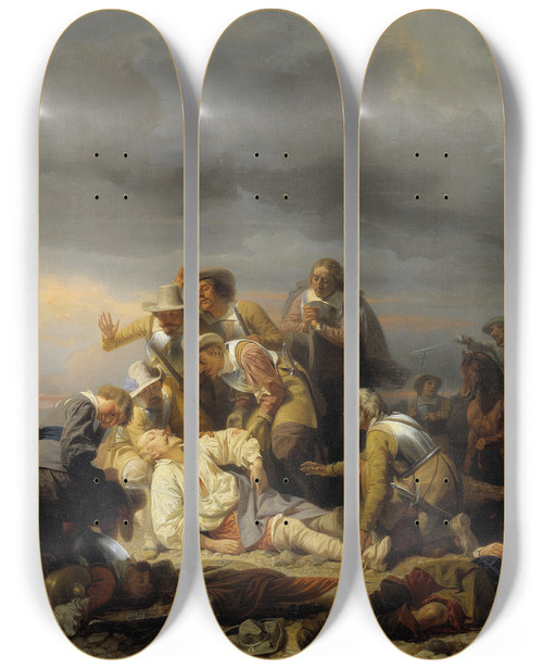 Triptych art skateboard deck of Carl Wahlbom Finding The Body Of King Gustav Ii Adolf Of Sweden After The Battle Of Ltze by Carl Wahlbom (1810-1858)