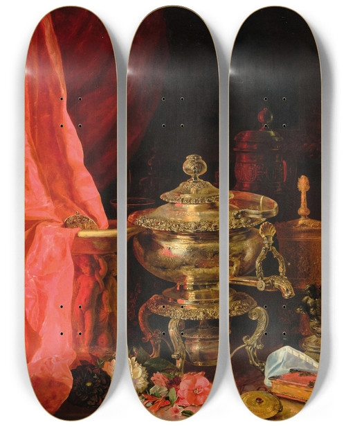 Triptych art skateboard deck of Jzsef Borsos Still Life With Flowers A Tankard With Figural Decor And Samovar by Jozsef Borsos (1821-1883)