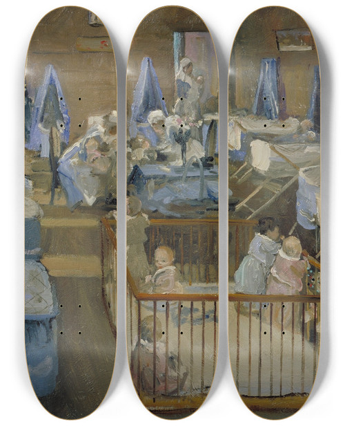 Triptych art skateboard deck of Sir John Lavery Lady Henrys Crche Woolwich by Sir John Lavery (1856-1941)