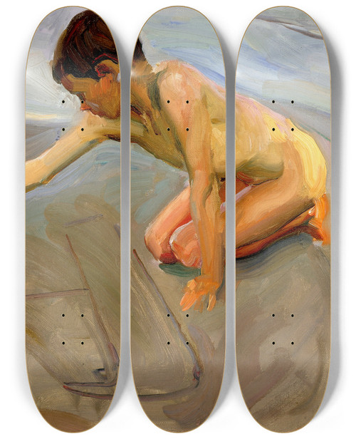 Triptych art skateboard deck of Joaqun Sorolla Drawing In The Sand by Joaquin Sorolla (1863-1923)