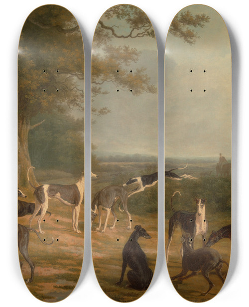 Triptych art skateboard deck of Jacqueslaurent Agasse Nine Greyhounds In A Landscape by Jacques Laurent Agasse (1767-1849)