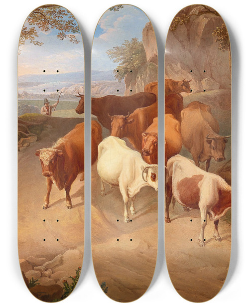 Triptych art skateboard deck of Josef Feid Bringing The Herd Down From The Alpine Pastures by Josef Feid (1806-1870)