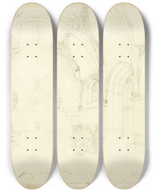 Triptych art skateboard deck of Augustus Charles Pugin Study For Lambeth Palace From Microcosm Of London by Augustus Charles Pugin (1762-1832)
