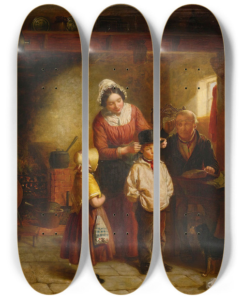Triptych art skateboard deck of William Hemsley The Brand New Hat_1 by William Hemsley (1817-1906)