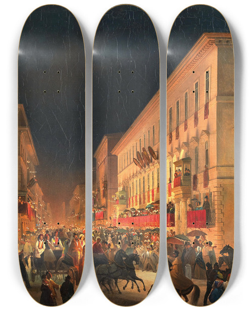Triptych art skateboard deck of Ippolito Caffi Carnival In Rome The Feast Of Moccoletti by Ippolito Caffi (1809-1866)