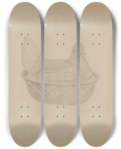 Triptych art skateboard deck of Sydney Roberts Covered Dish Hen by Sydney Roberts