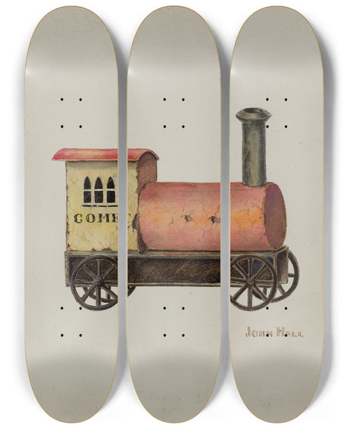 Triptych art skateboard deck of John Hall Toy Locomotive by John Hall