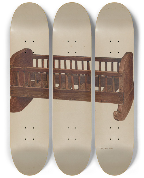 Triptych art skateboard deck of Clarence W Dawson Doll Cradle by Clarence W Dawson