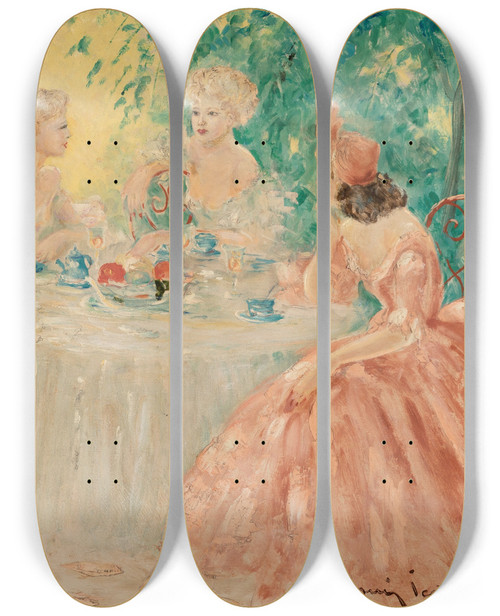Triptych art skateboard deck of Louis Icart Sharing Confidences by Louis Icart (1888-1950)
