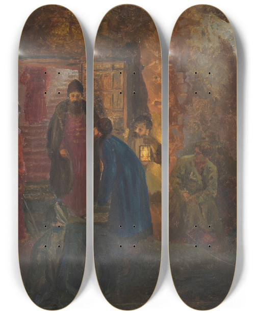 Triptych art skateboard deck of Maria Yakunchikova Tsar Visiting The Prisoners by Maria Yakunchikova (1870-1902)