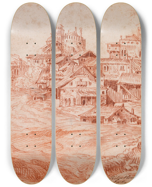 Triptych art skateboard deck of Jeanantoine Watteau Fortified Village With A Castle Keep And A Church by Jean-Antoine Watteau (1684-1721)
