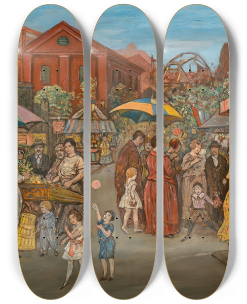 Triptych art skateboard deck of Jerome Myers Italians In Jefferson Park by Jerome Myers (1867-1940)