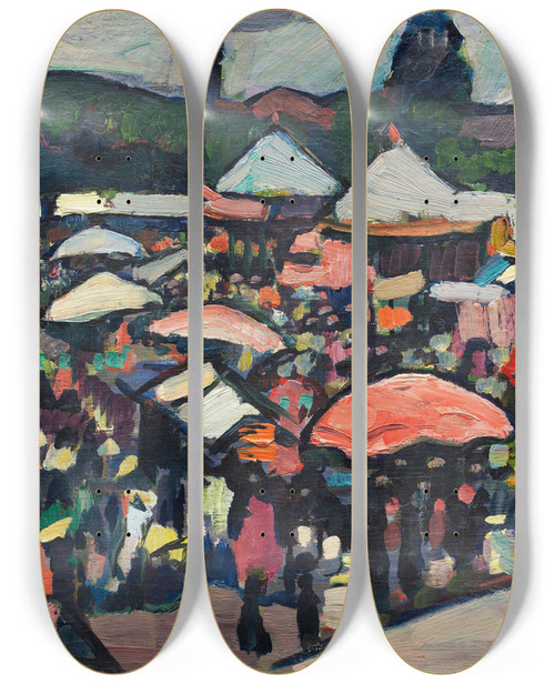 Triptych art skateboard deck of Hermann Stenner Jahrmarkt Am Kesselbrink In Bielefeld by Hermann Stenner (1891-1914)