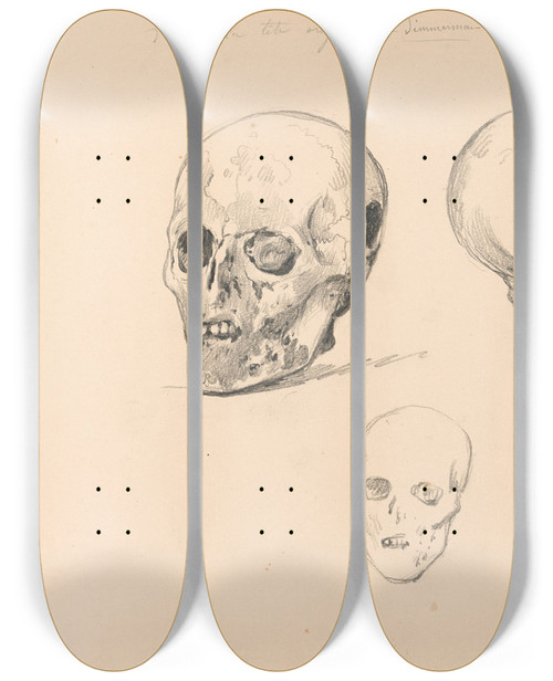 Triptych art skateboard deck of Nicaise De Keyser Three Studies Of The Skull Of Jacobean Antonio Timmerman From Dunkirk by Nicaise De Keyser (1813-1887)