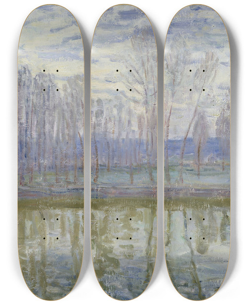 Triptych art skateboard deck of Alfred Sisley On The Shores Of Loing by Alfred Sisley (1840-1899)