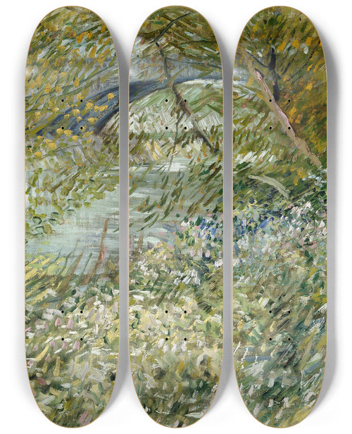 Triptych art skateboard deck of Vincent Van Gogh River Bank In Springtime by Vincent van Gogh (1853-1890)