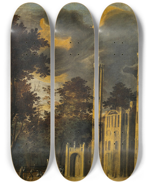 Triptych art skateboard deck of Franois De Nom The Beheading Of A Saint In Front Of A Cathedral by Franois de Nom (1593-1644)