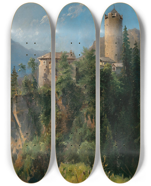 Triptych art skateboard deck of Ludwig Halauska A View Of Klamm Castle Near Imst In The Inntal In Tyrol by Ludwig Halauska (1827-1882)