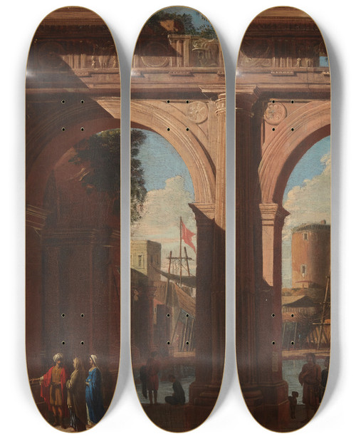 Triptych art skateboard deck of Viviano Codazzi Doric Arcade With The Torre Di S Vincenzo by Viviano Codazzi (1604-1670)